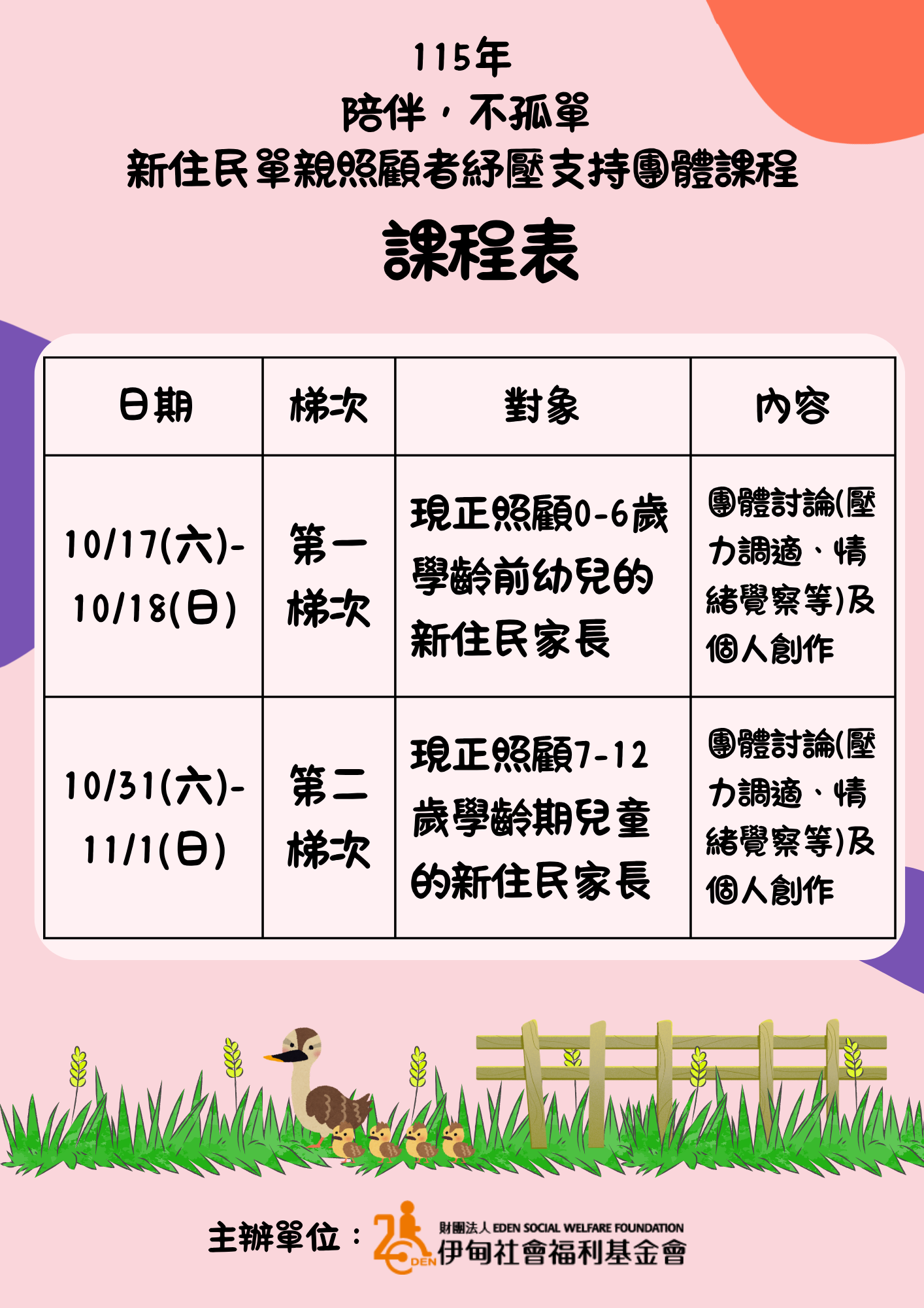 「陪伴不孤單-新住民單親照顧者紓壓支持團體課程」課程表
