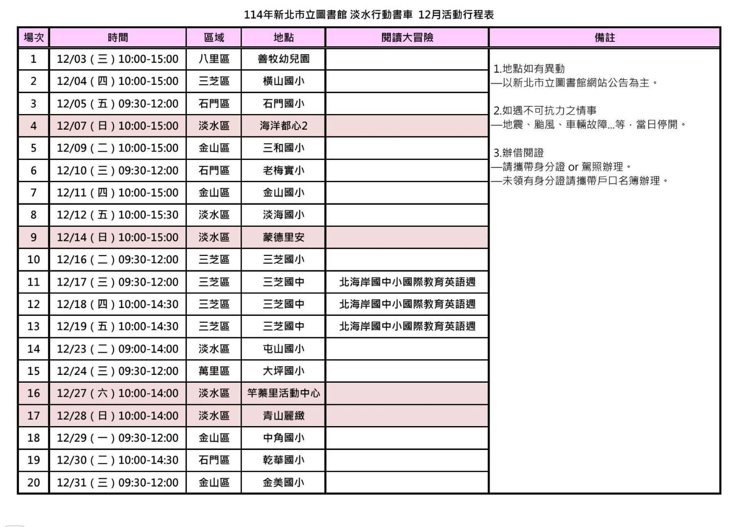 淡水書車12月份行程表