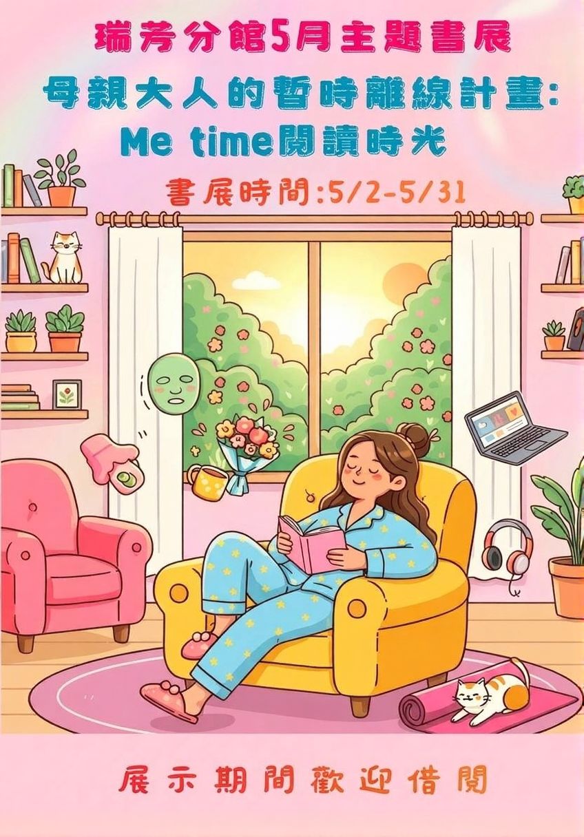 瑞芳分館5月主題書展:母親大人的暫時離線計畫-Me time閱讀時光書展宣傳海報01